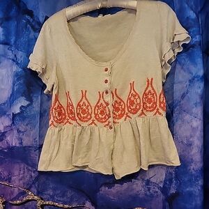 Moth by Anthrpology. Cotton Blend Cream Colored Top W/Orange Embroidery. Size L